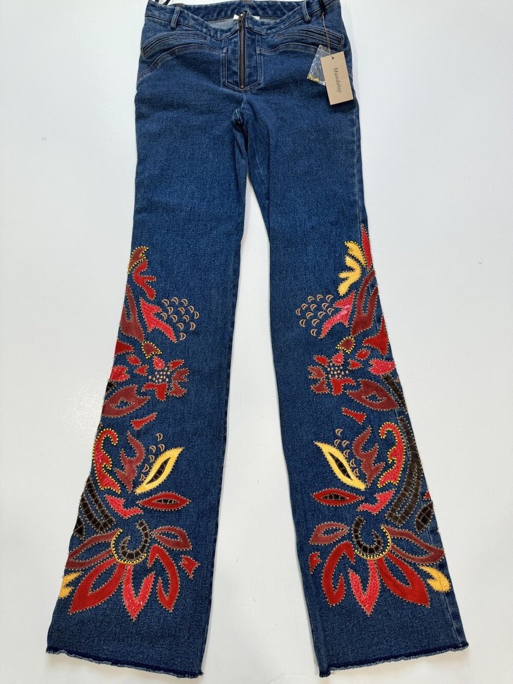 Vintage Mandalay Designs Embroidered Beaded 90s Flare Denim Jeans In Blue Size 6